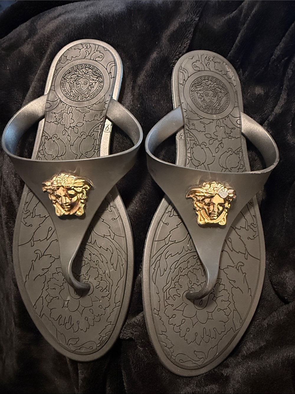 Versace Authentic Black Sandals with Gold Medusa Accents Sz 9